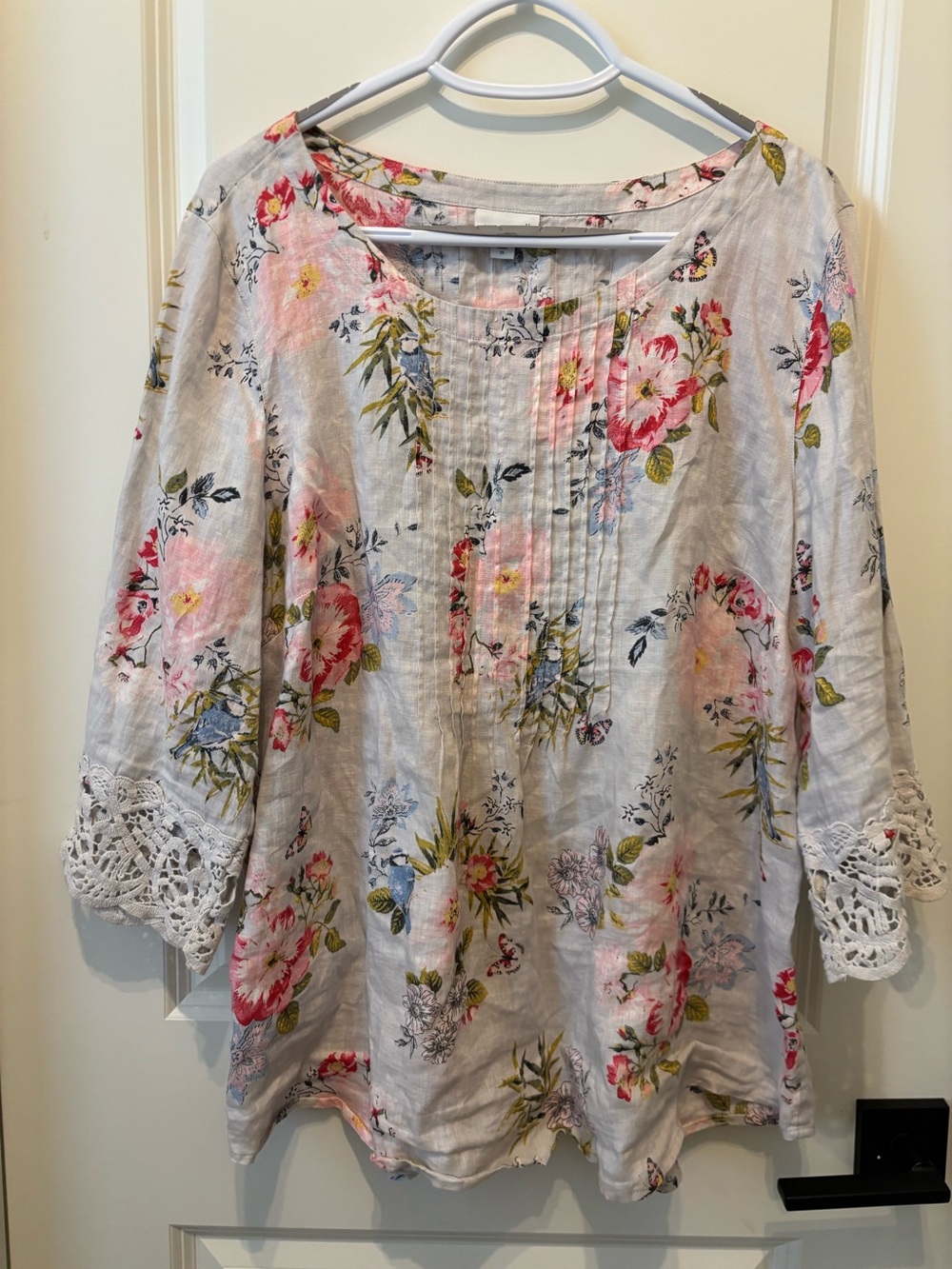 J Jill 100% Linen Women's Floral Crochet-Sleeve Top Blouse Size XL - Picture 2 of 6